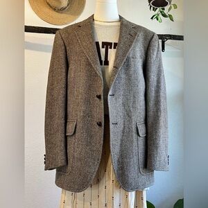 90s Lands' End Herringbone Tan Pure Wool Triple Button Blazer oversized Size M